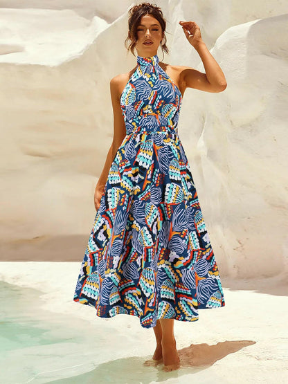 Ruched Printed Halter Neck Sleeveless Dress.