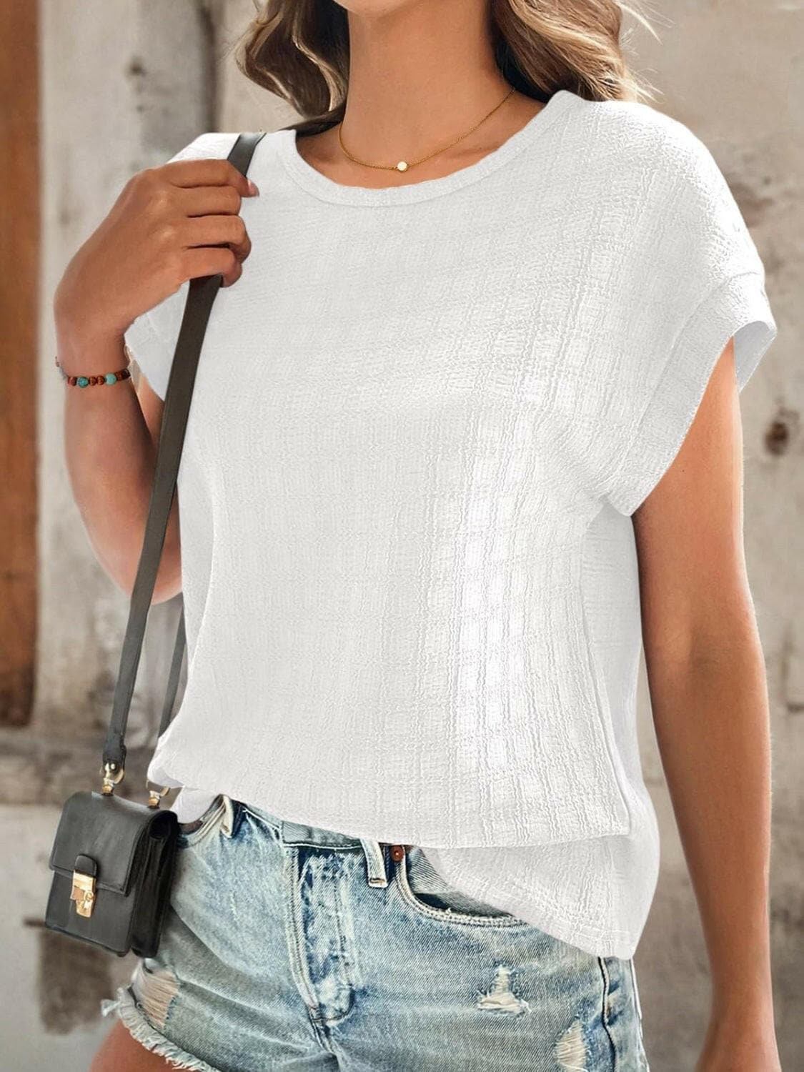 Textured Round Neck Short Sleeve Top.