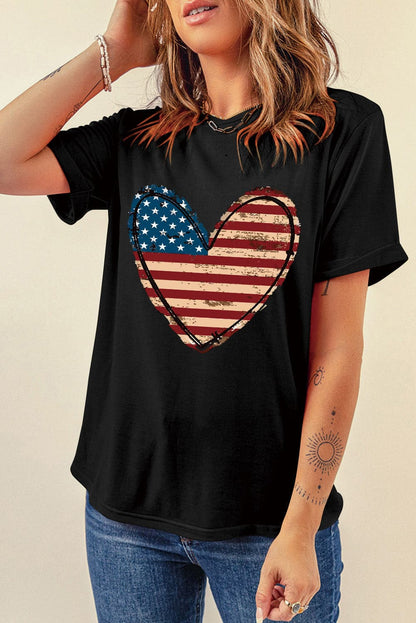 Stars and Stripes Heart Round Neck Short Sleeve T-ShirtStars and Stripes Heart Round Neck Short Sleeve T-Shirt
 
 Stylish Design
 Embrace your love for the stars and stripes with this trendy heart-themed t-shirt. Its basLove Salve Stripes Heart Round Neck Short SleeveT-Shirts