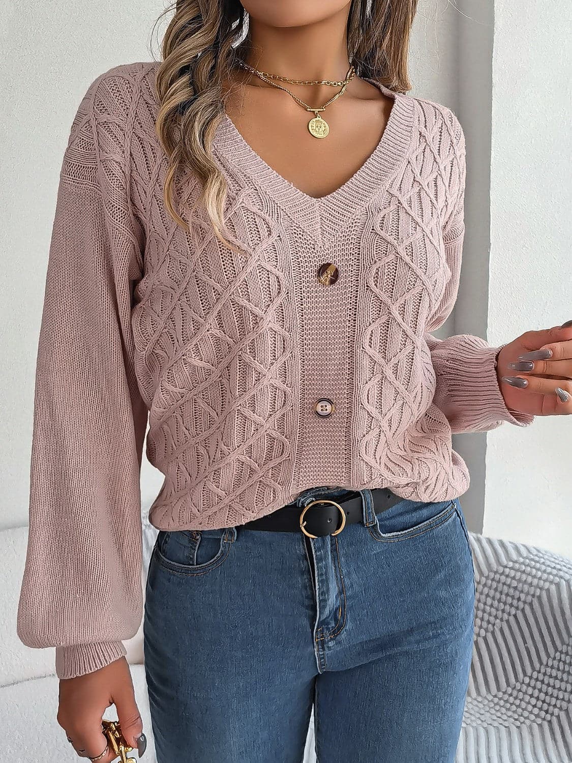 Cable-Knit V-Neck Lantern Sleeve Sweater.