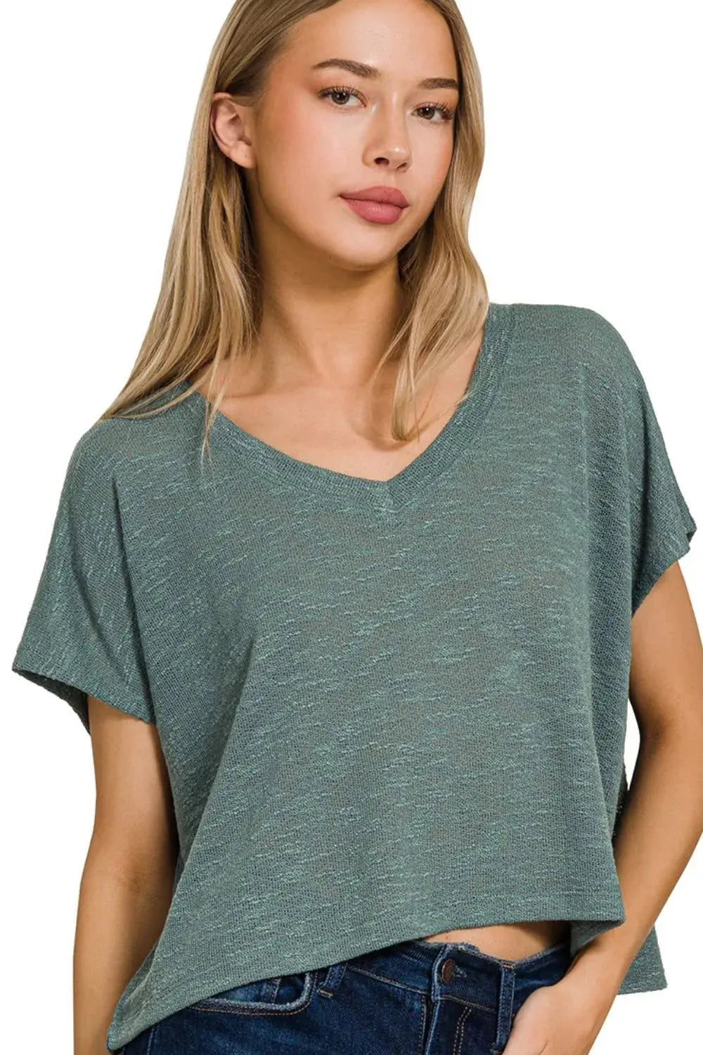 Zenana Hacci Slub V-neck Drop Shoulder Crop Top - Love Salve 
