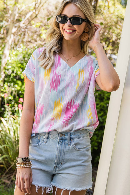 High-Low V-Neck Short Sleeve Blouse.