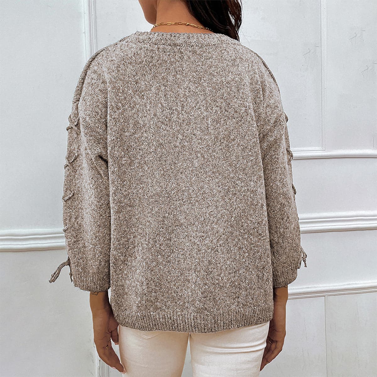 Lace-Up Long Sleeve Round Neck Sweater.