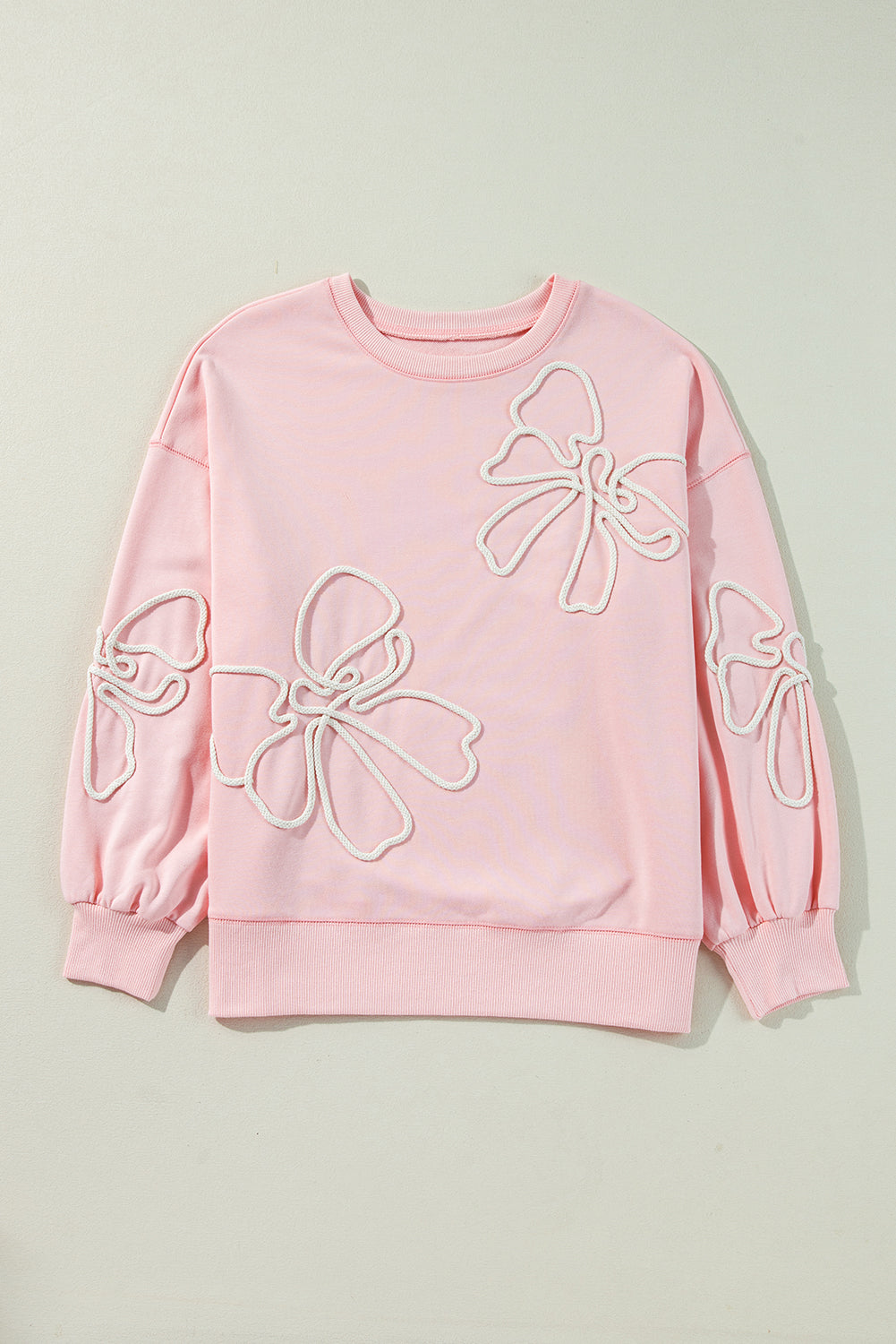 Light Pink Bow Thread Embroidery Ribbed Edge Sweatshirt