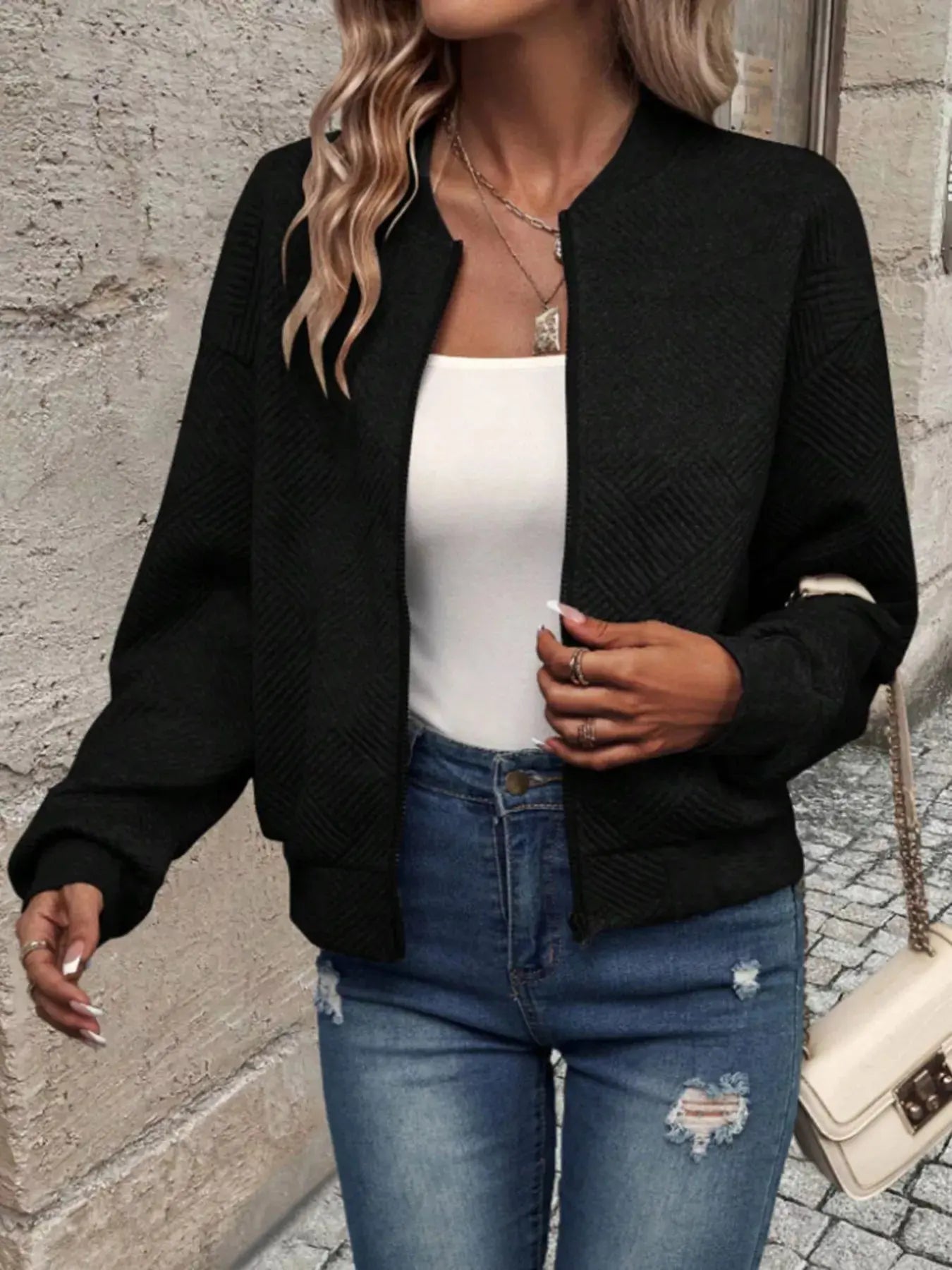 Textured Knit Zip-Up Bomber Jacket Simply Love