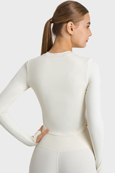 Side Slit Long Sleeve Round Neck Crop Top.