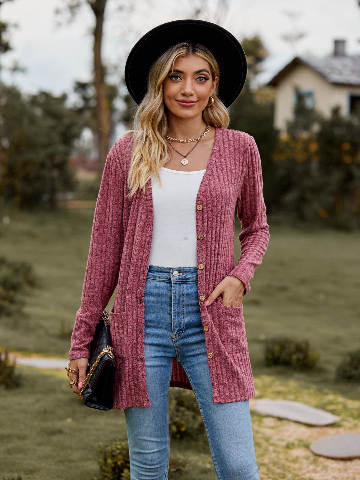 Ribbed Button-Up Cardigan with Pockets.