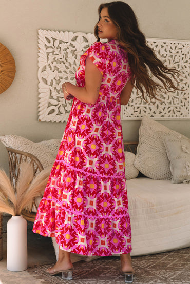 Strawberry Pink Geo Print V-neck Maxi Dress for Women