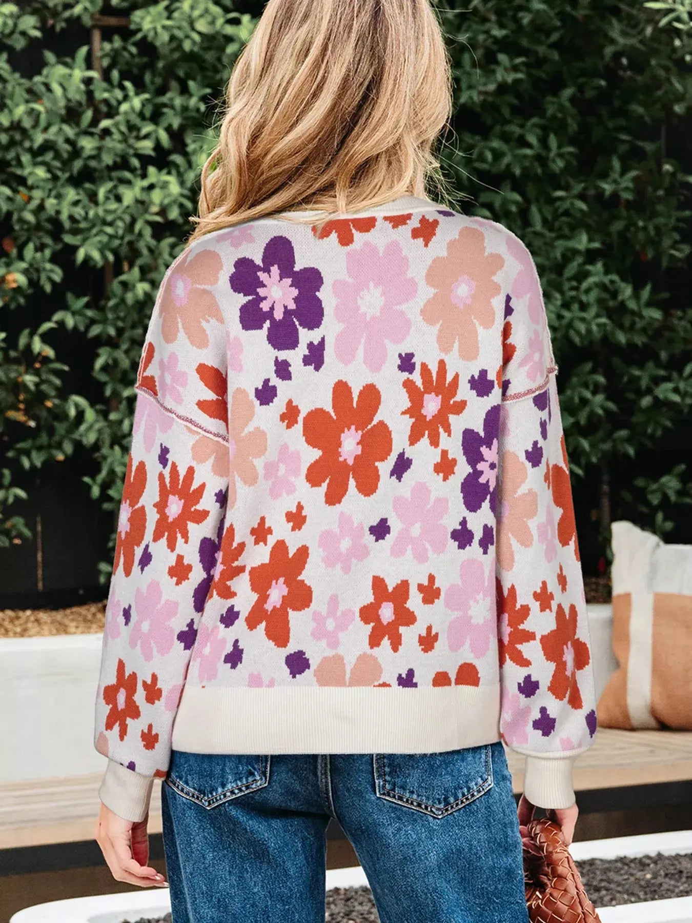 Floral Pattern Drop Shoulder Sweater Simply Love