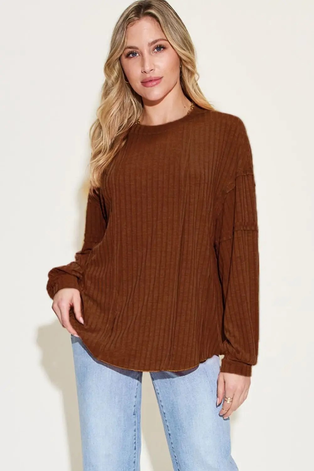 Basic Bae Full Size Ribbed Round Neck Long Sleeve T-Shirt - Love Salve