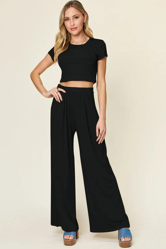 Double Take: Round Neck Top & Pants Set - Love Salve