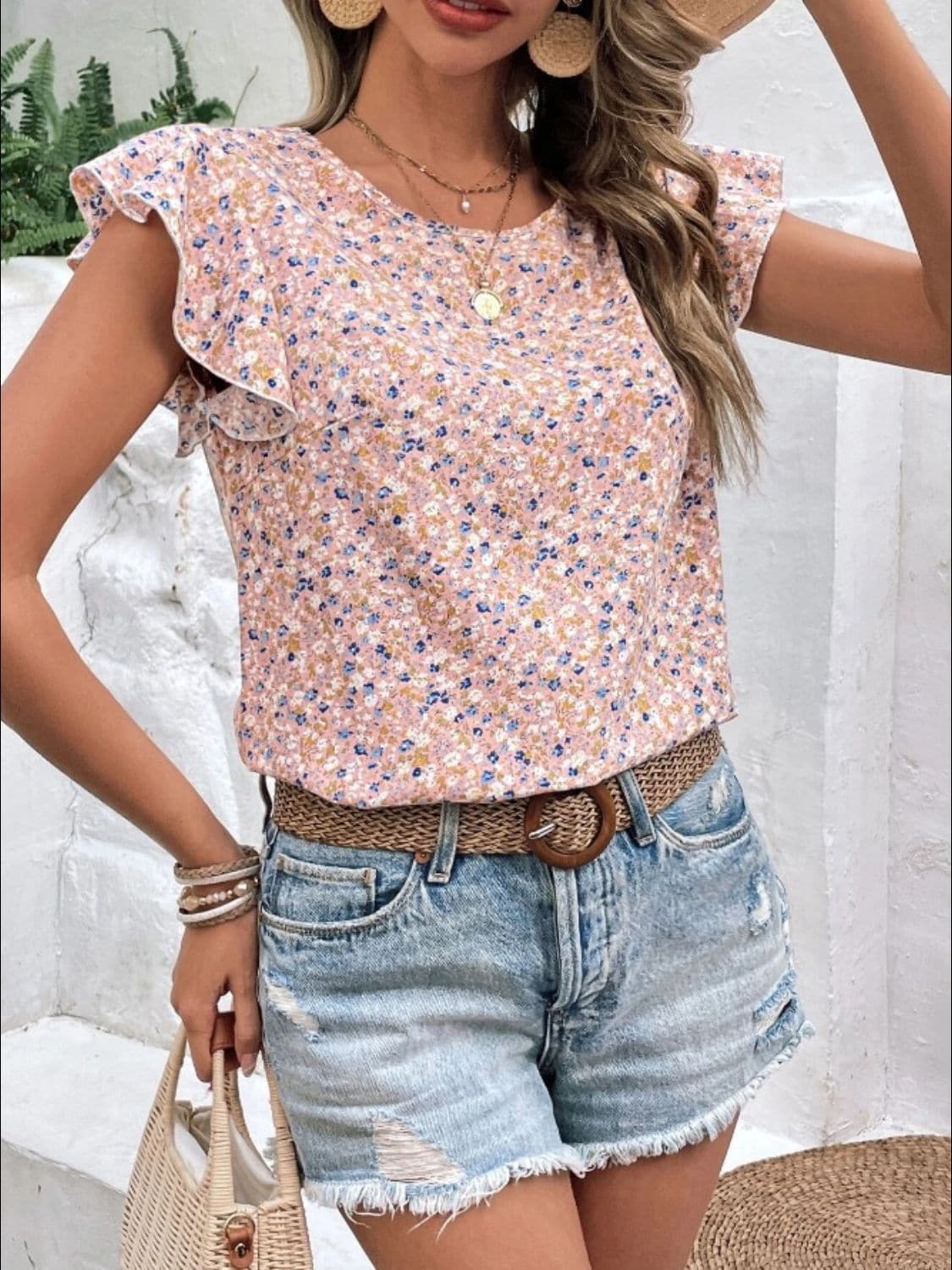 Ditsy Floral Round Neck Cap Sleeve Top.