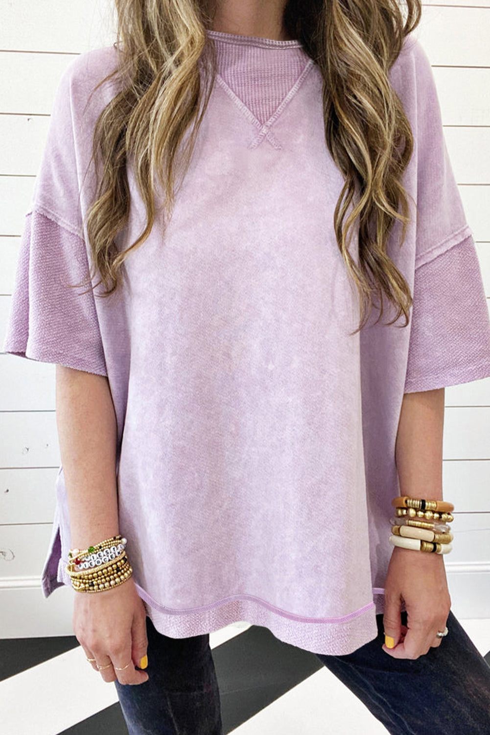 Orchid petal vintage-inspired oversized tee with exposed seams