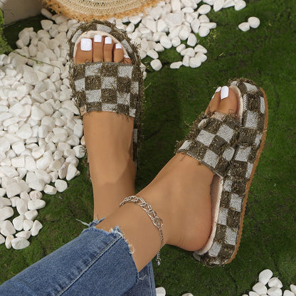 Fringe Checkered Platform Sandals.