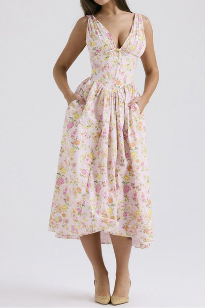 Garden Muse V-Neck Midi Dress with Pockets