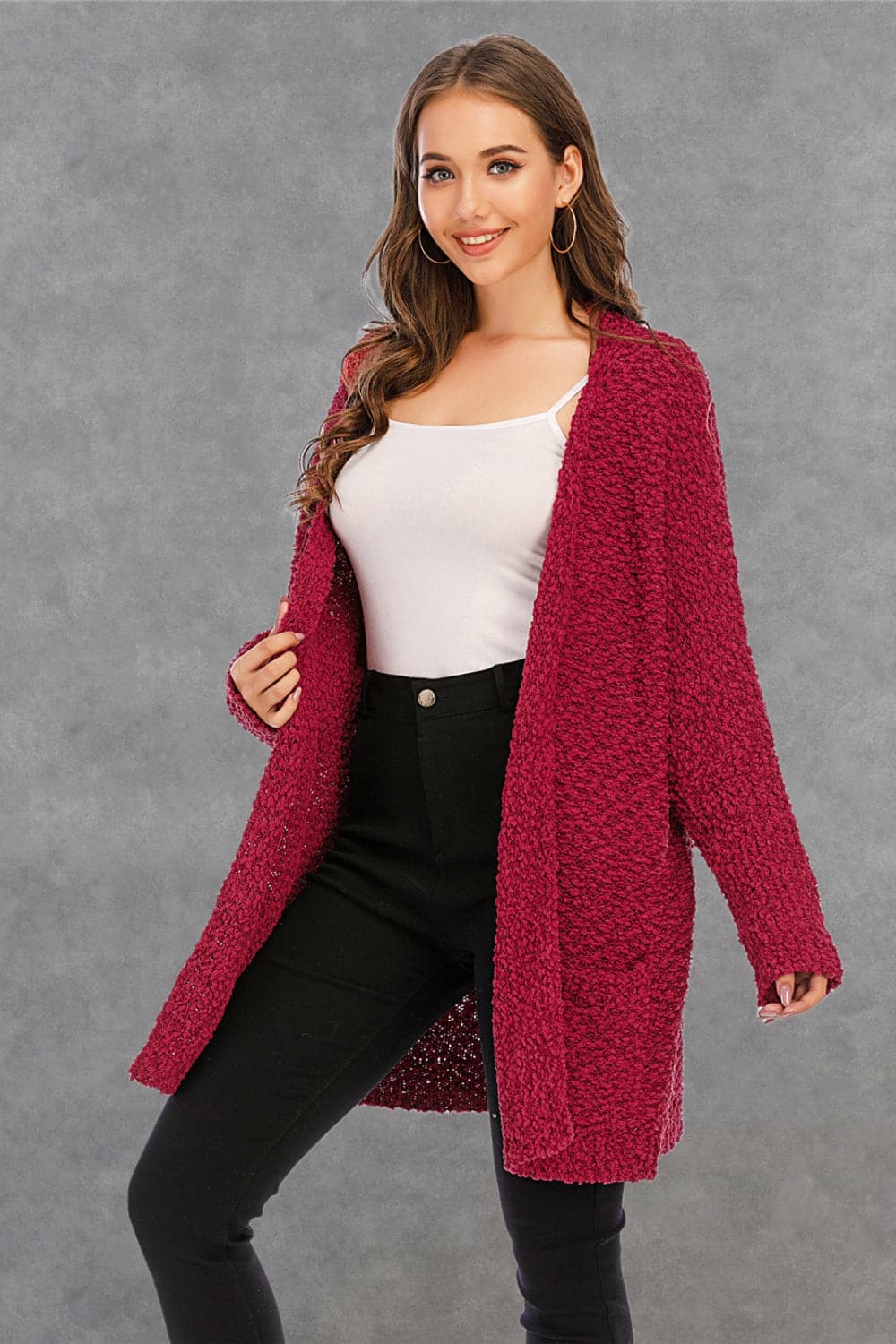 Pocketed Open Front Long Sleeve Cardigan.