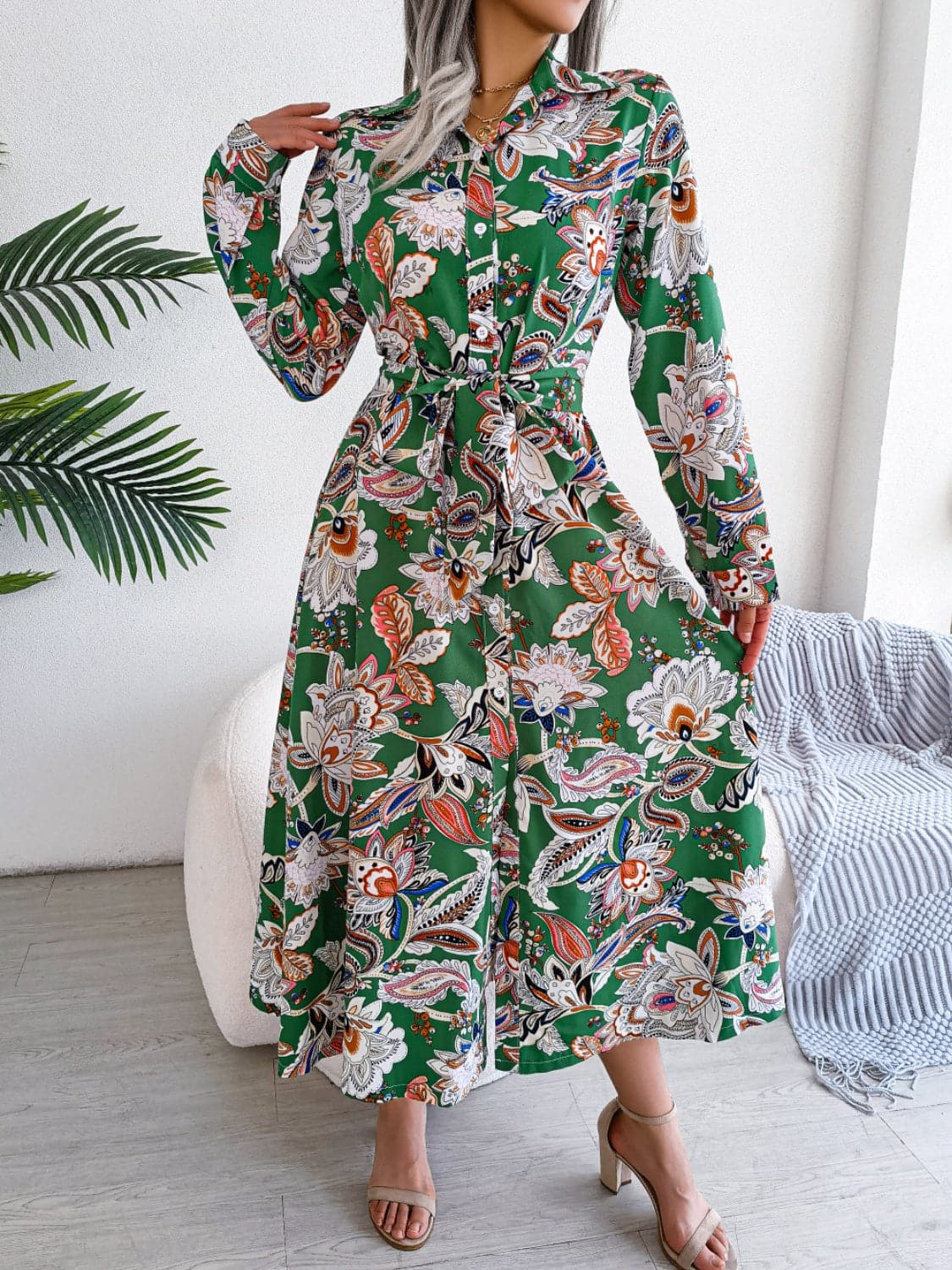 Tied Printed Long Sleeve Midi Dress.