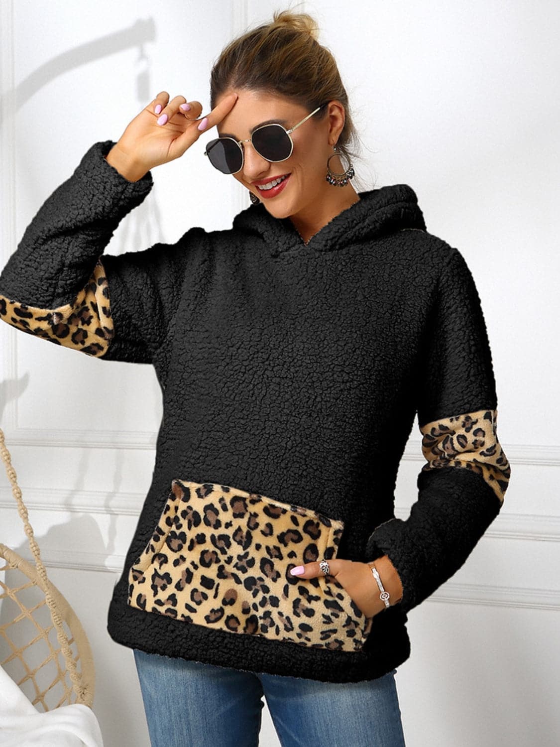 Sherpa Leopard Long Sleeve Hoodie.