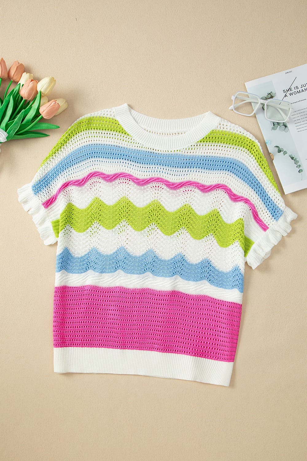 Openwork Color Block Round Neck Knit Top.