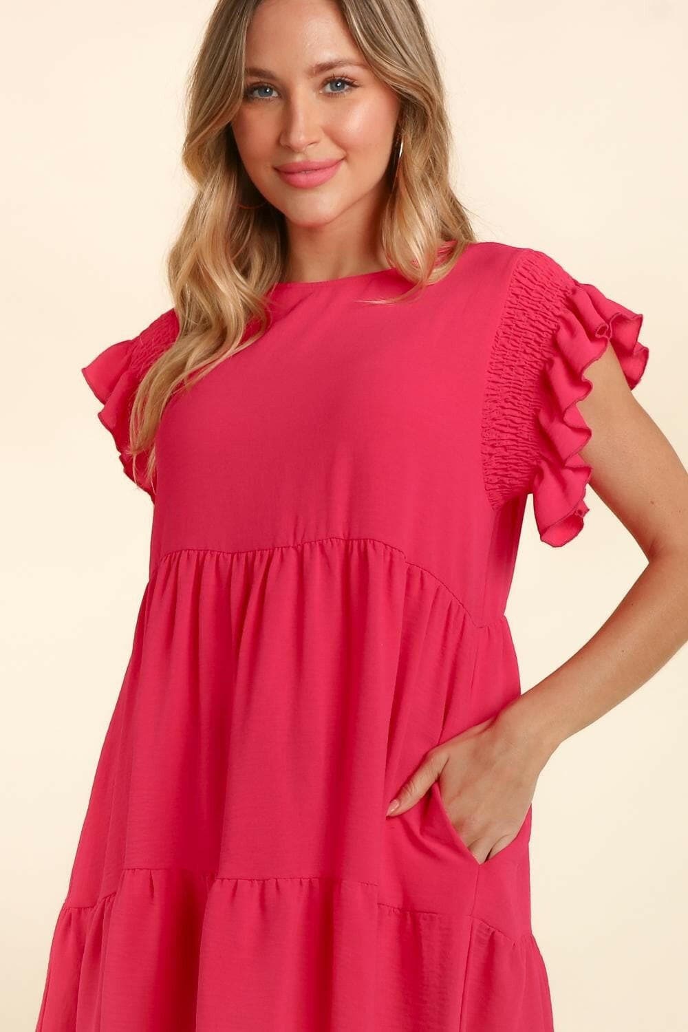 Haptics Full Size Smocking Ruffle Short Sleeve Dress with Pockets.