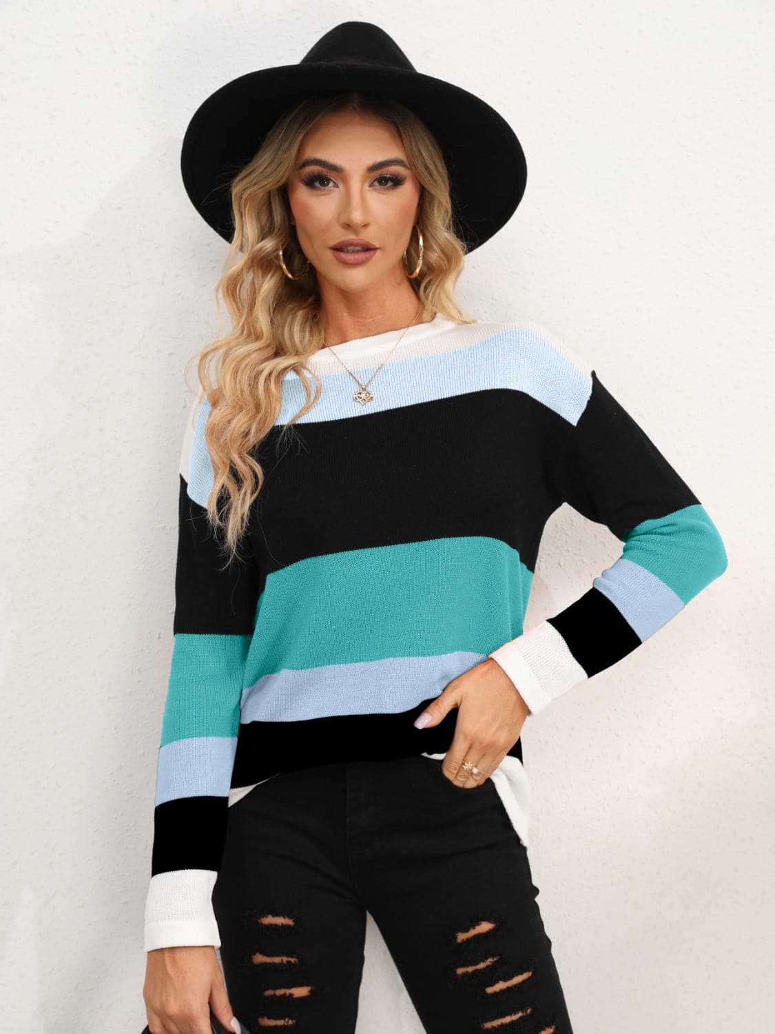 Striped Round Neck Dropped Shoulder Sweater.