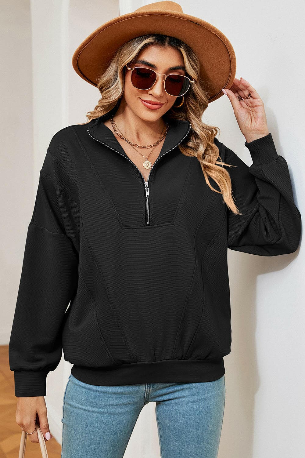 Half Zip Dropped Shoulder Sweatshirt.