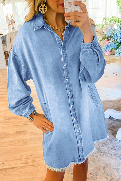 Chic Beau Blue Denim Shirt Dress with Frayed Hem