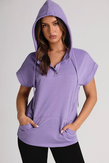 Drawstring Quarter Snap Cap Sleeve Hoodie.