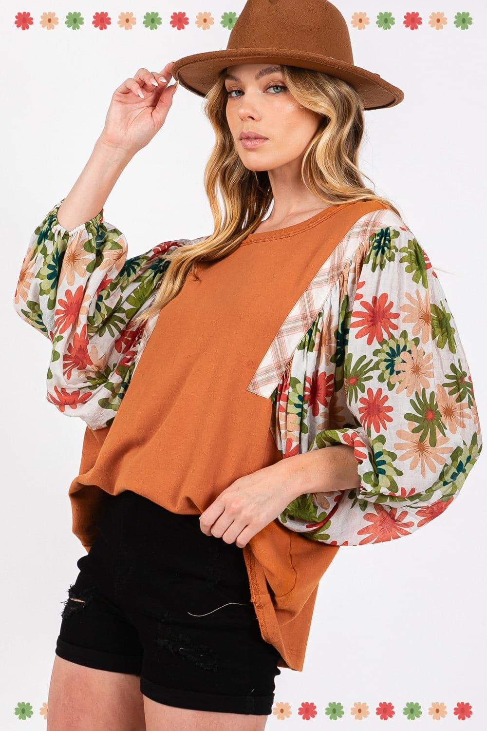 SAGE + FIG Full Size Printed Balloon Sleeve Contrast Top.