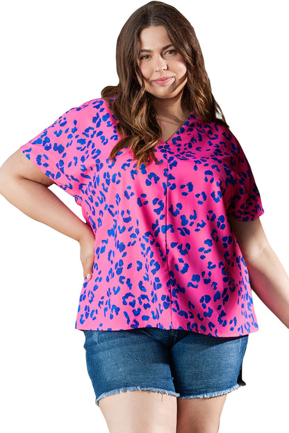 Chic rose and leopard print plus size V-neck blouse