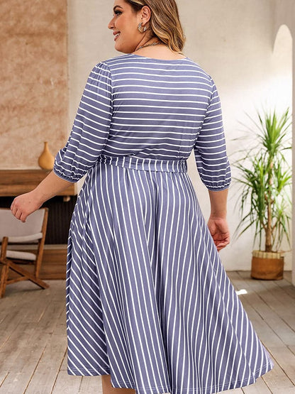 Plus Size Round Neck Striped Tie Waist Dress.