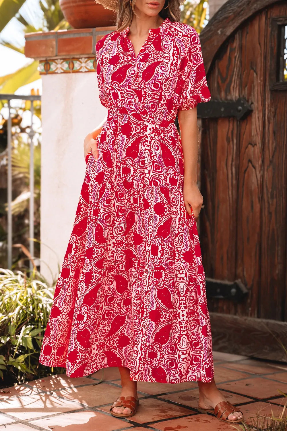 Paisley Print Side Slit Puff Sleeve High Waist Maxi Dress