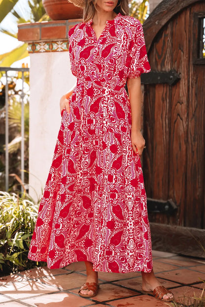 Paisley Print Side Slit Puff Sleeve High Waist Maxi Dress