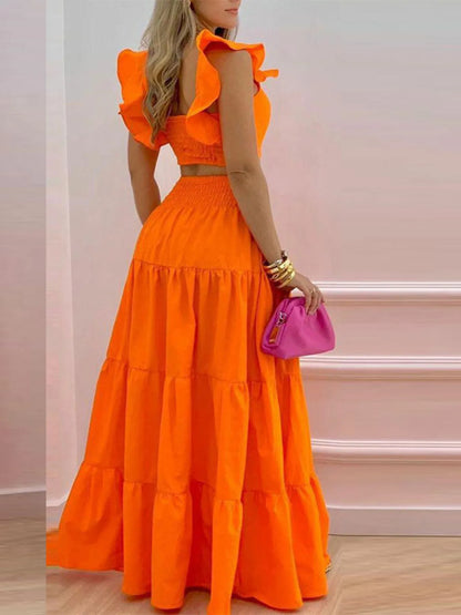 Full Size Ruffled Cami and Tiered Maxi Skirt Set Plus Size