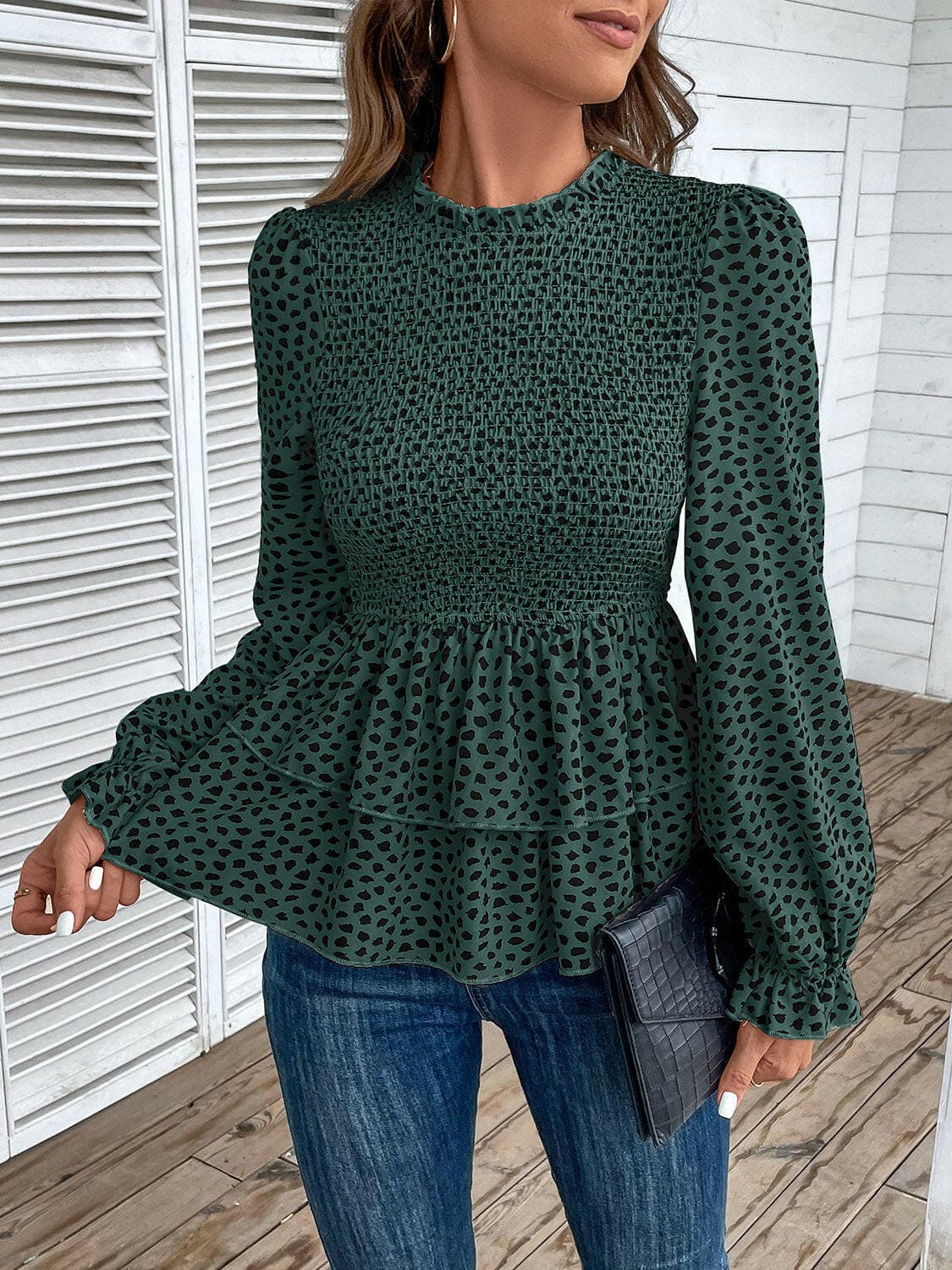 Printed Round Neck Smocked Flounce Sleeve T-Shirt.