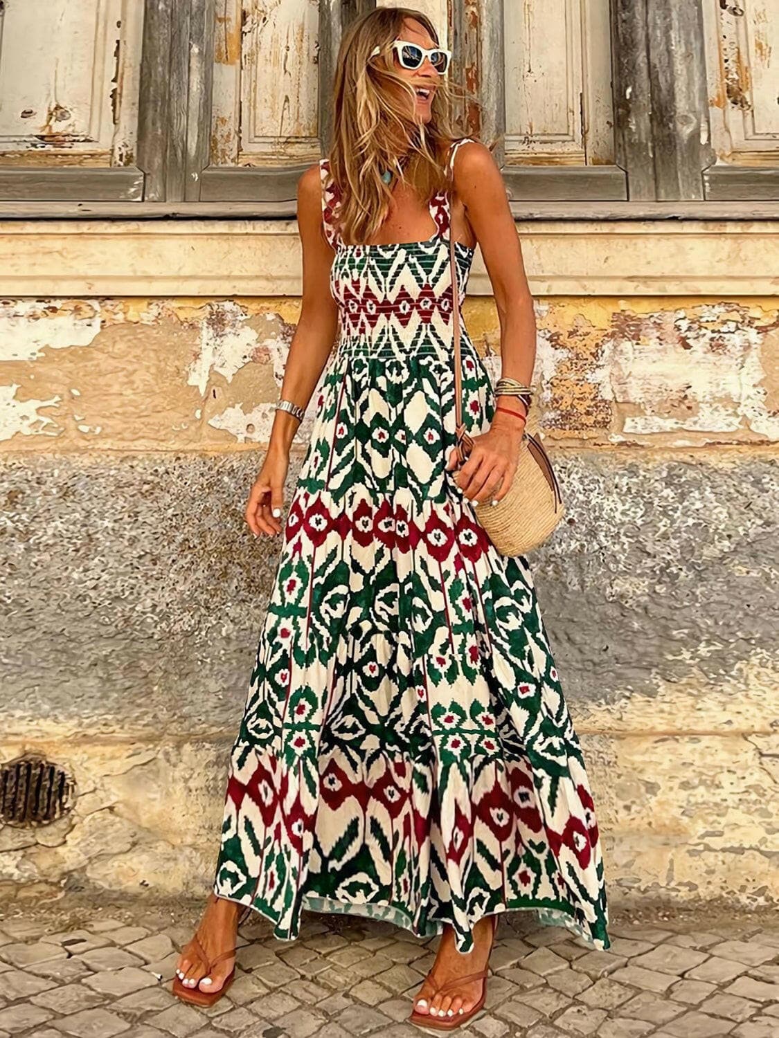 Smocked Printed Square Neck Sleeveless Dress.