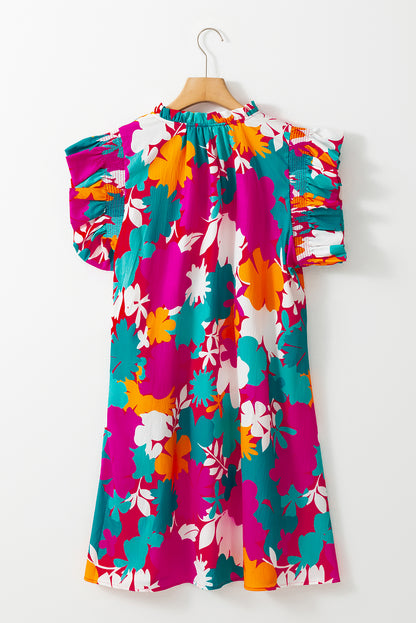 Vibrant floral tie neck mini dress with flutter sleeves