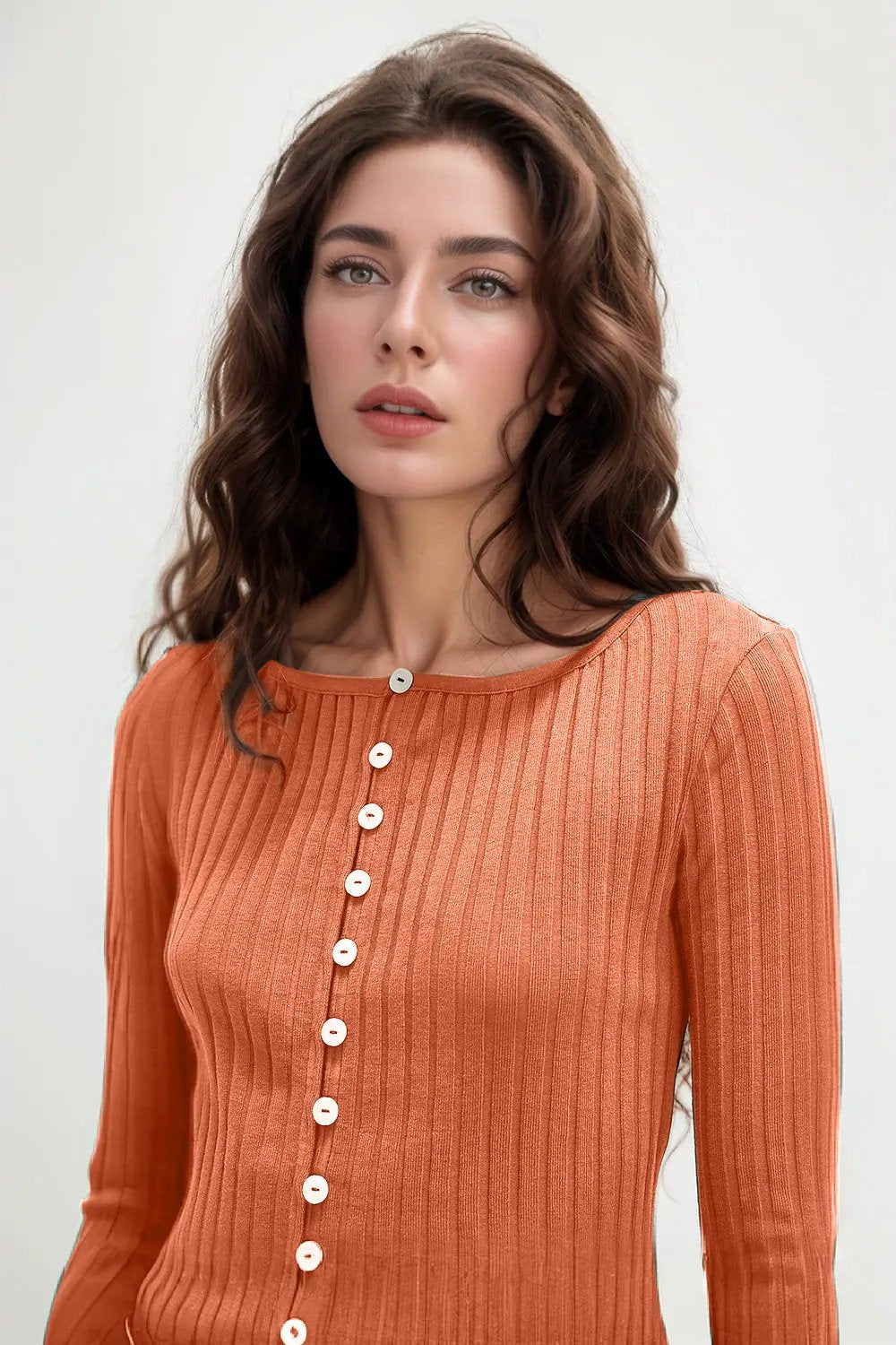 Basic Bae Texture Button Up Round Neck Long Sleeve Top - Love Salve