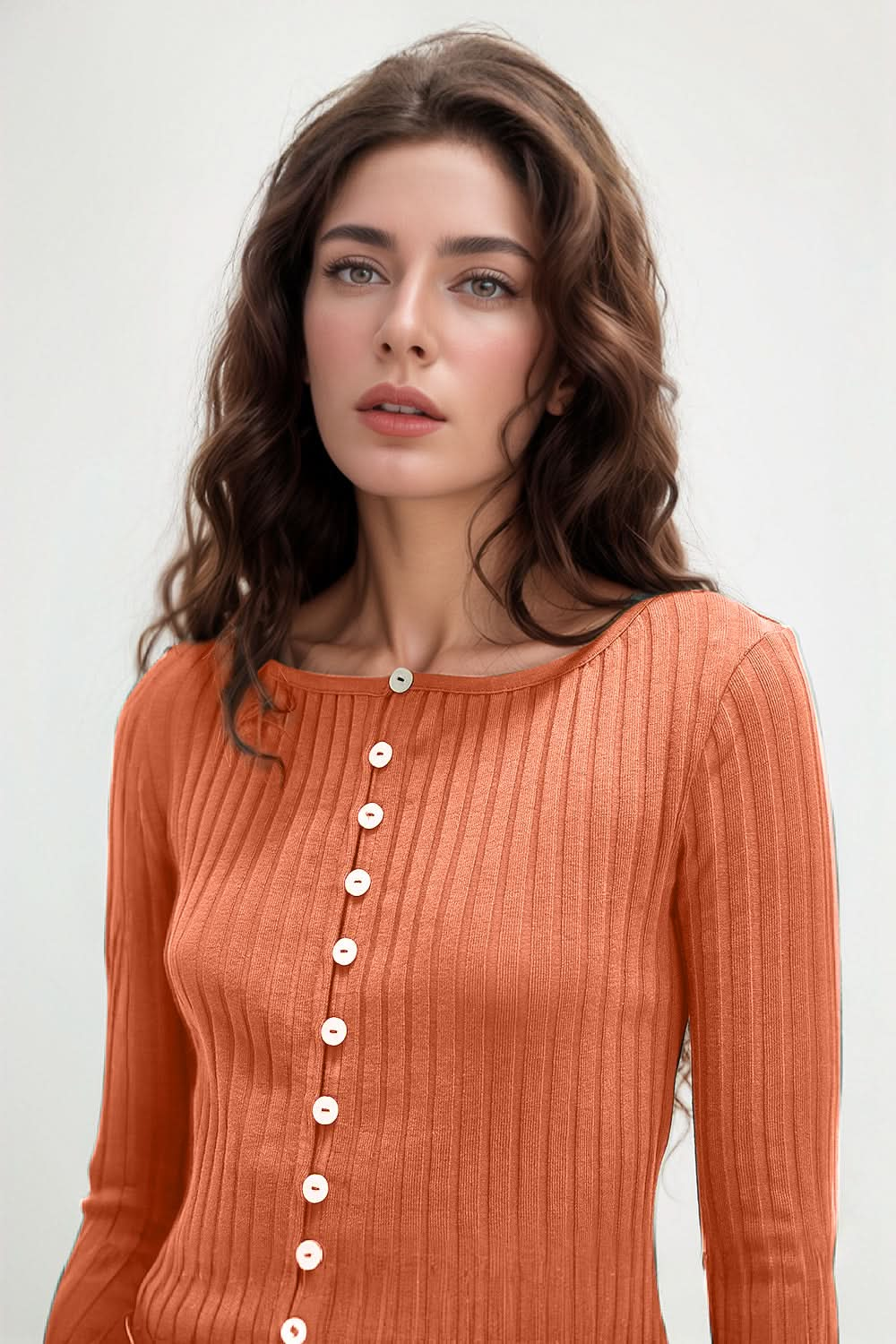 Essential Textured Button-Up Long Sleeve Top with Round Neck