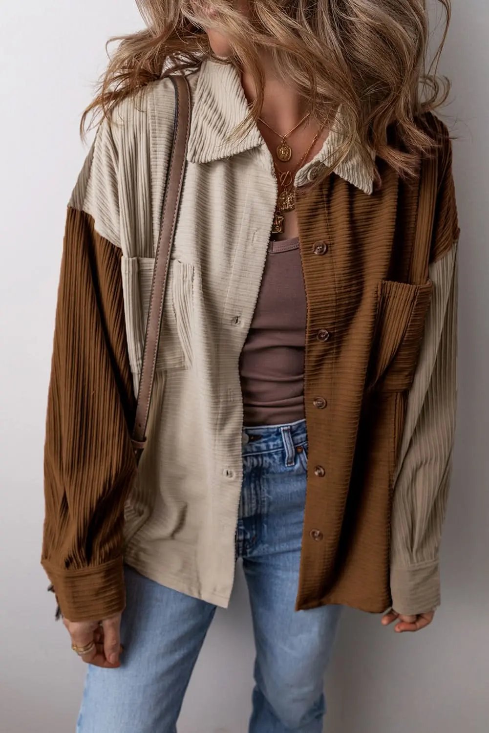 Brown Color Block Chest Pockets Buttoned Corduroy Shacket - Love Salve 