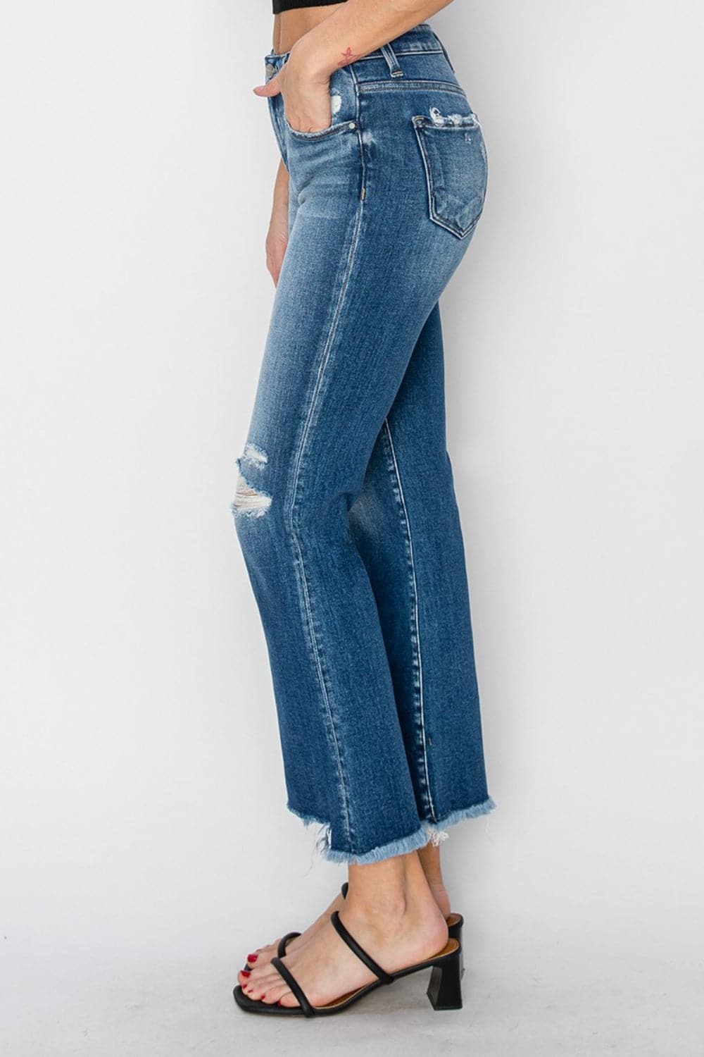 RISEN Full Size Frayed Step Hem Ankle Straight Jeans.