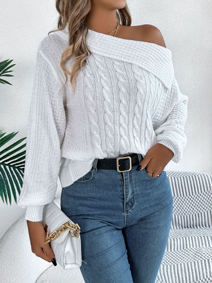 Asymmetrical cable-knit long sleeve sweater