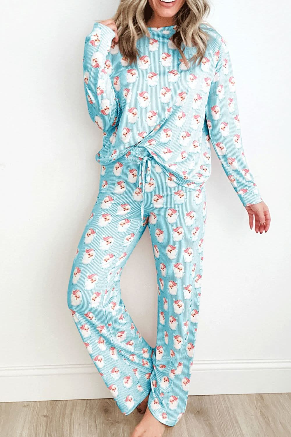 Festive Santa Patterned Long Sleeve Lounge Set with Pants