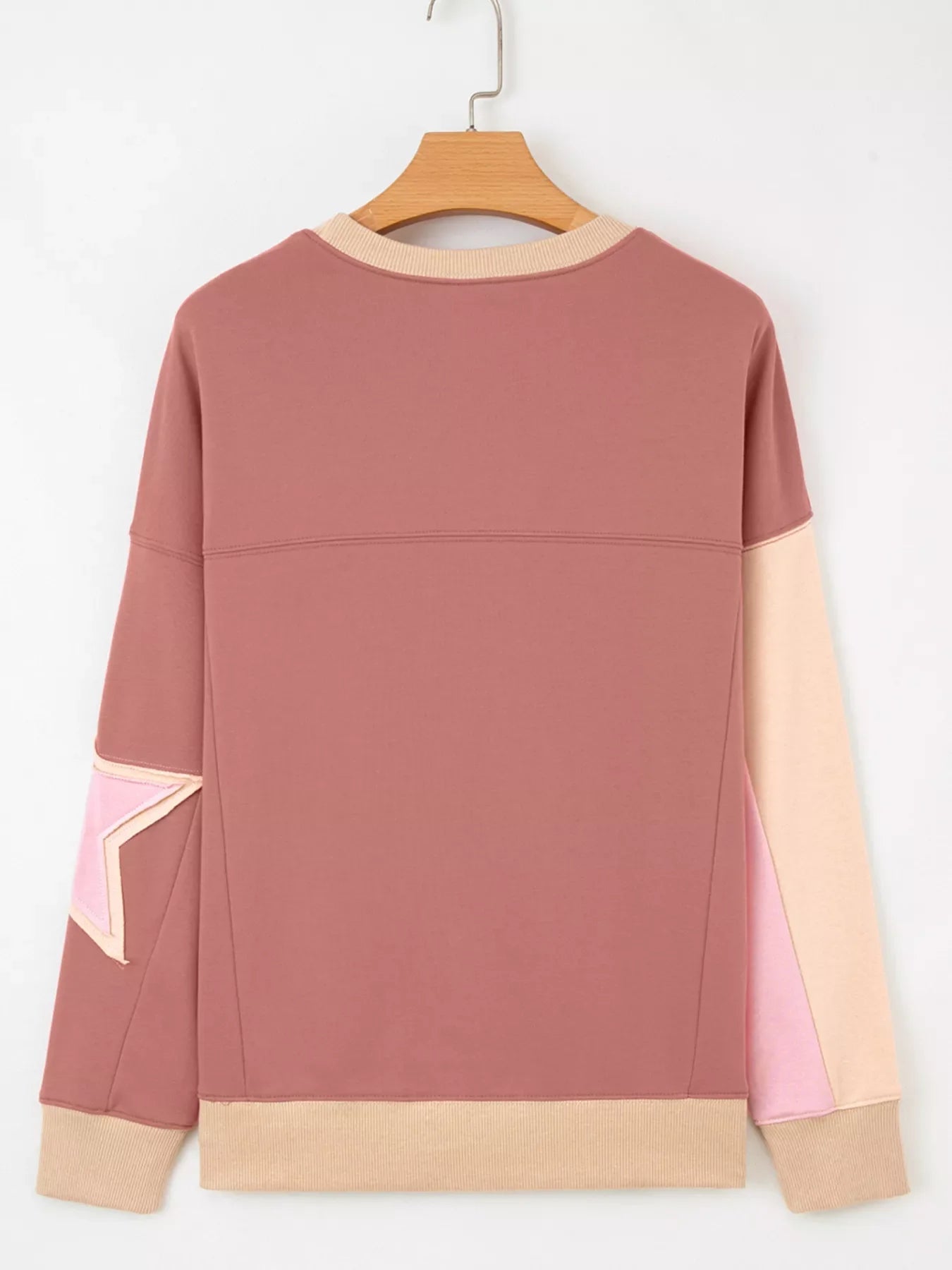 Contrast Star Patchwork Exposed Seam Uneven Hem Drop Shoulder Sweatshirt Simply Love