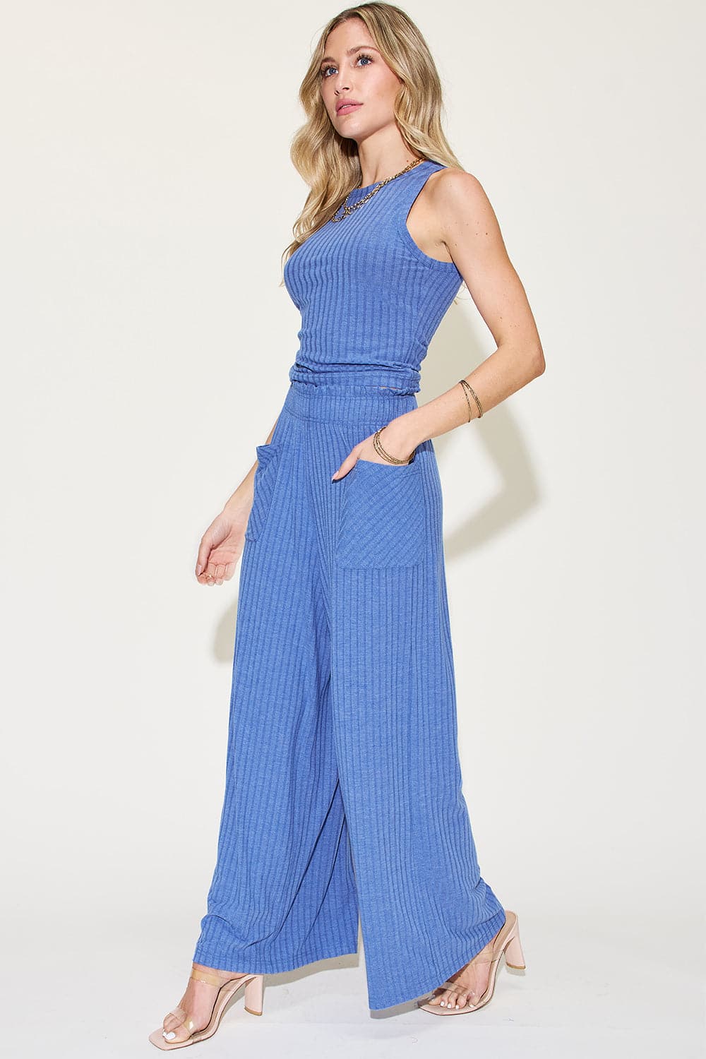 Basic Bae Full Size Ribbed Tank and Wide Leg Pants Set.