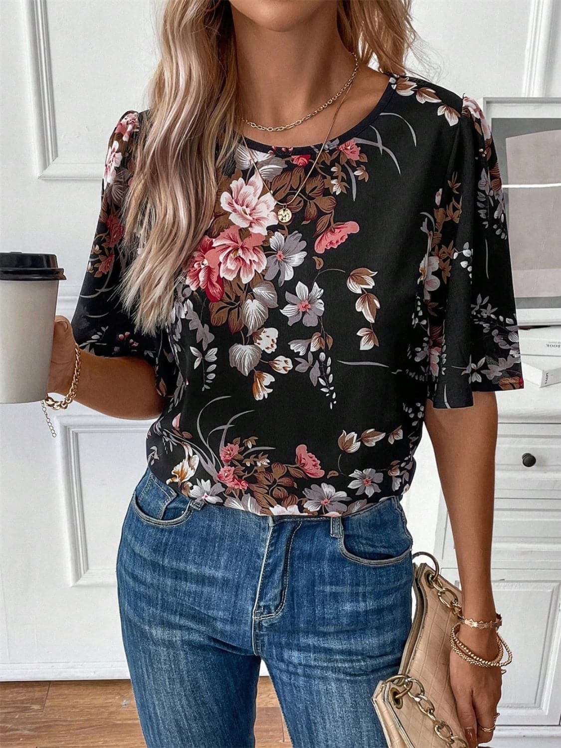 Floral Round Neck Half Sleeve Blouse.