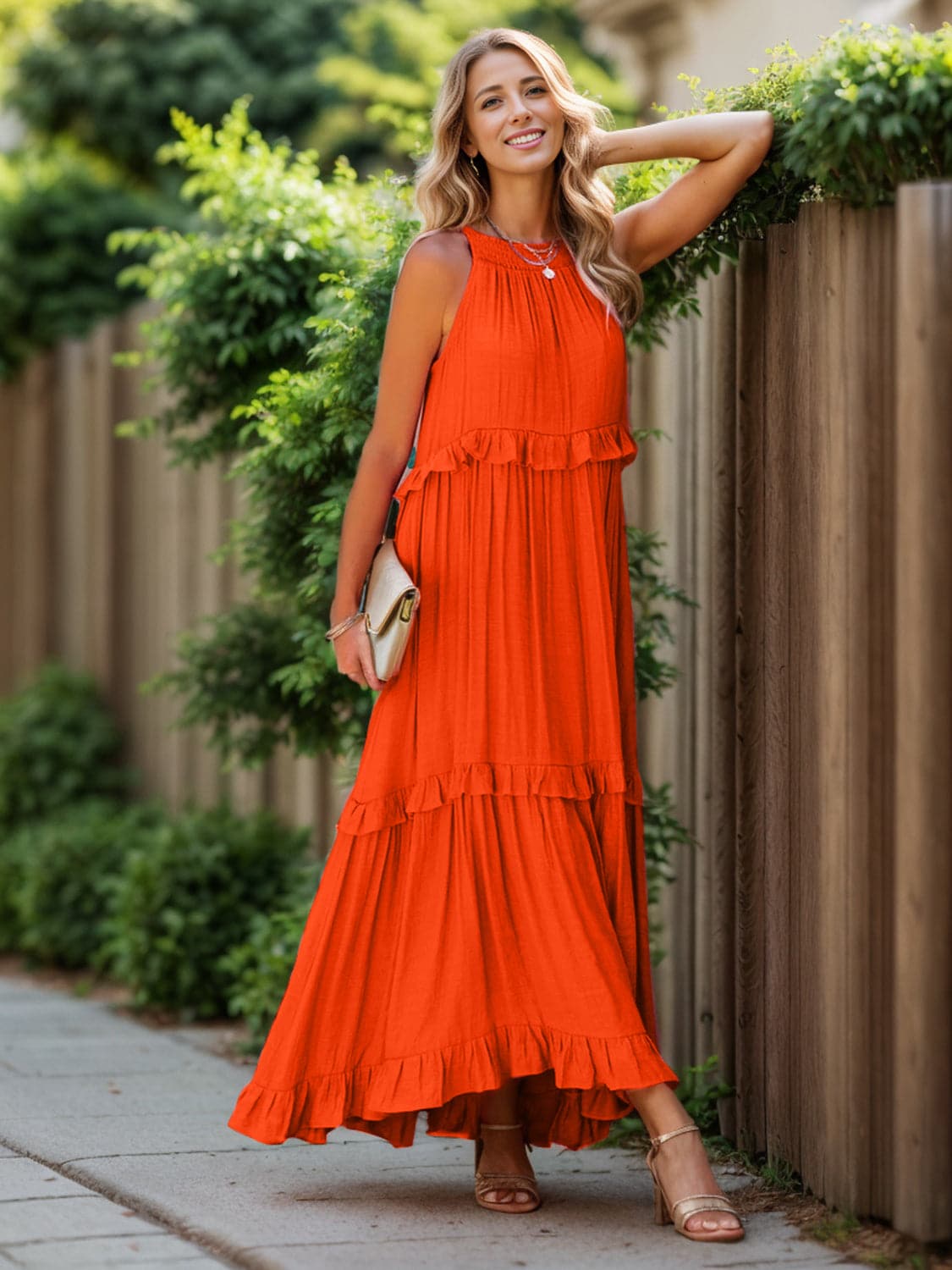 Ruffled Sleeveless Tiered Maxi Dress with Pockets.