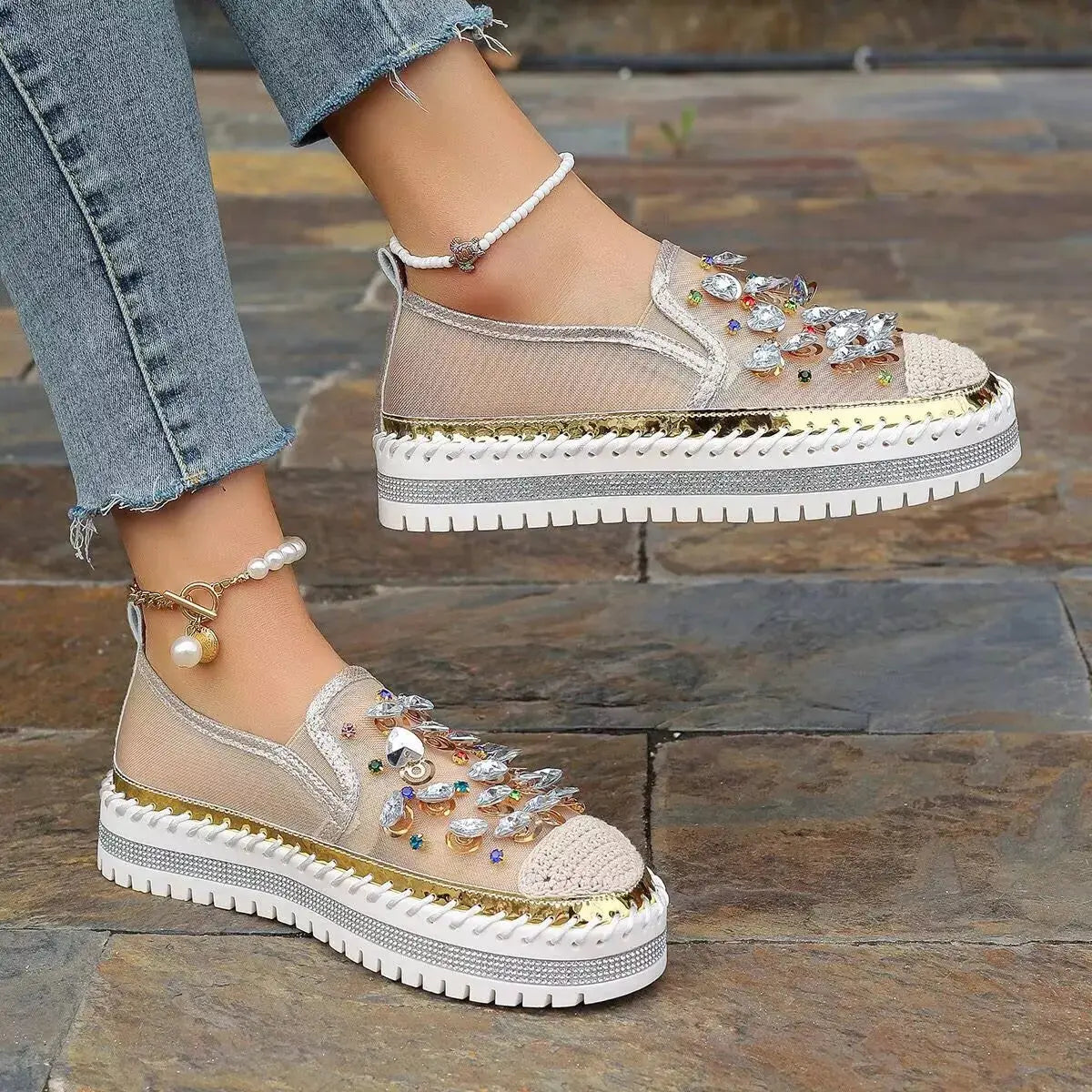 Rhinestone Decor Platform Loafers Simply Love