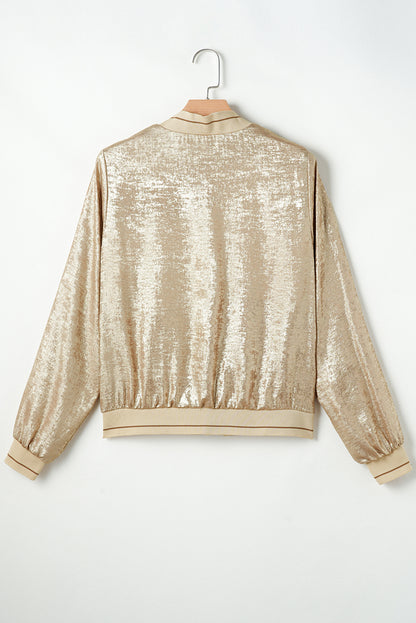 Shimmering pale khaki metallic baseball jacket with zip closure