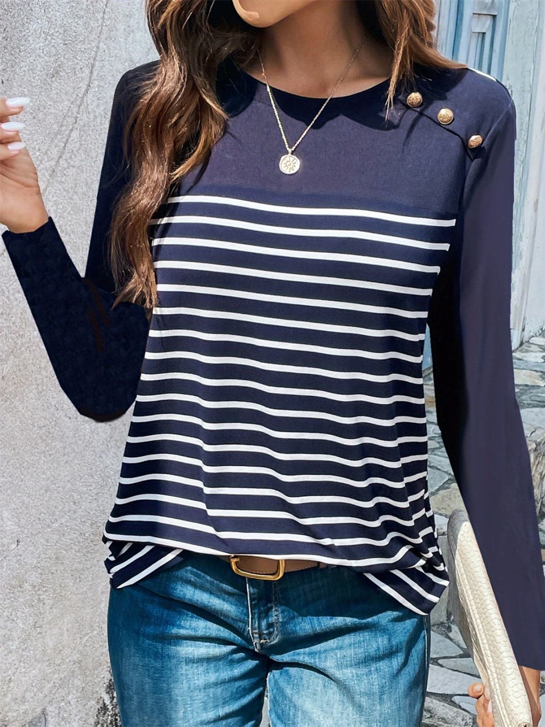 Decorative Button Striped Round Neck Long Sleeve T-Shirt.